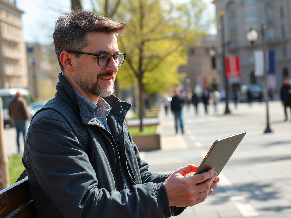 Мужчина с планшетом на скамейке в городе, вокруг люди, солнечный день, деревья и здания.