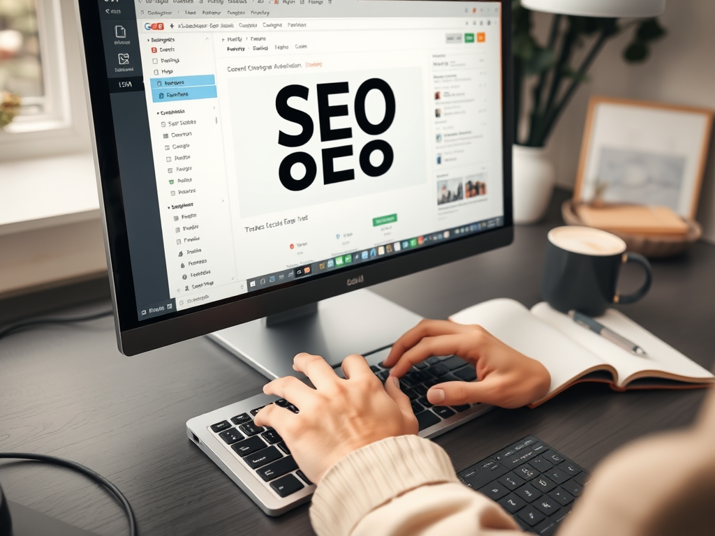 На изображении человек работает за компьютером, вводя текст о SEO, с чашкой кофе рядом.