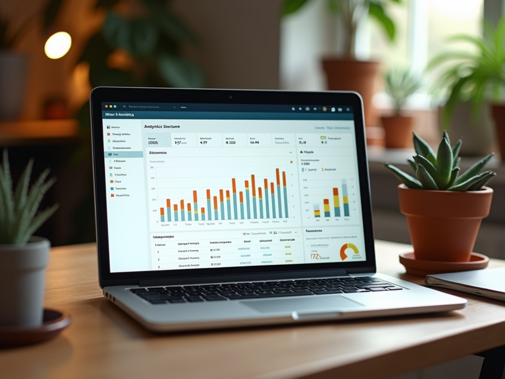 Ноутбук на столе с открытым экраном, показывающим графики и аналитические данные, рядом комнатные растения.