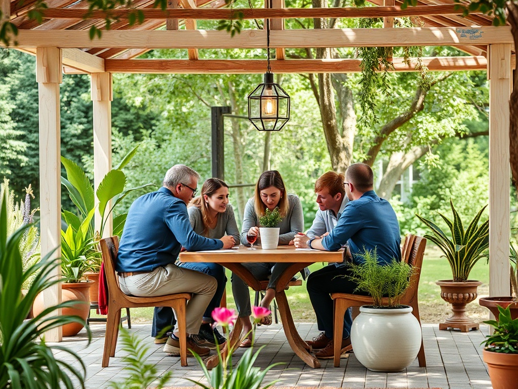 Группа людей обсуждает что-то за столом на открытой веранде среди зелени и растений.