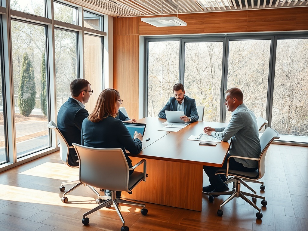 На совещании пять человек обсуждают документы в светлом кабинете с большими окнами.