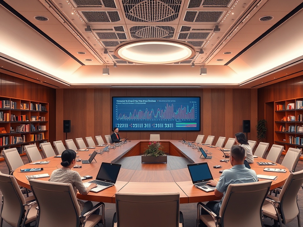 Совещание в современном конференц-зале с презентацией на экране и участниками за столом.