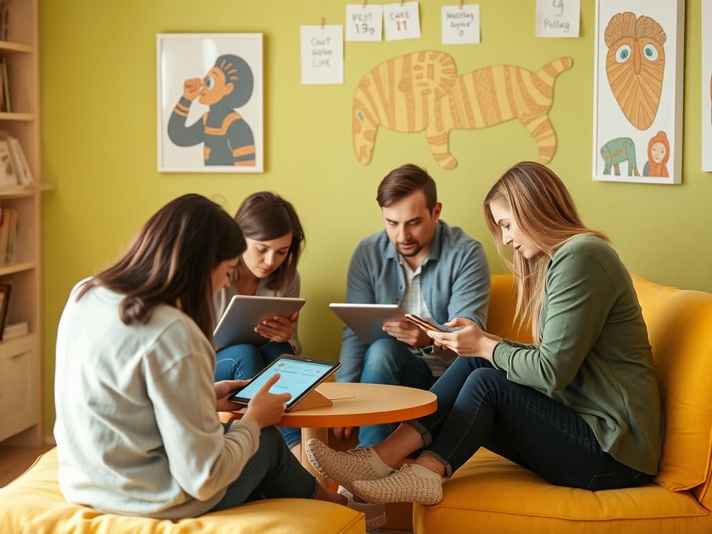 Четыре человека сидят на диване с планшетами, сосредоточено изучая информацию в светлом помещении.