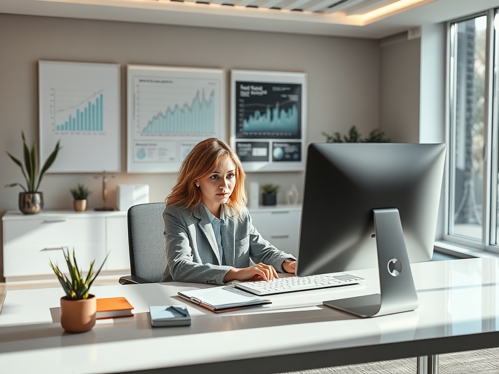 Молодая женщина в деловом костюме работает за компьютером в современном офисе с графиками на стене.