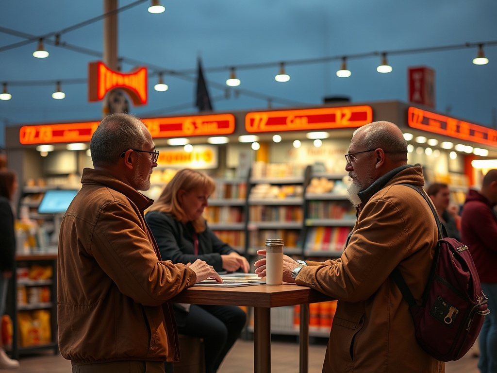 Два мужчины обсуждают что-то за столом, женщина находится рядом, фон — книжный рынок с ярким освещением.