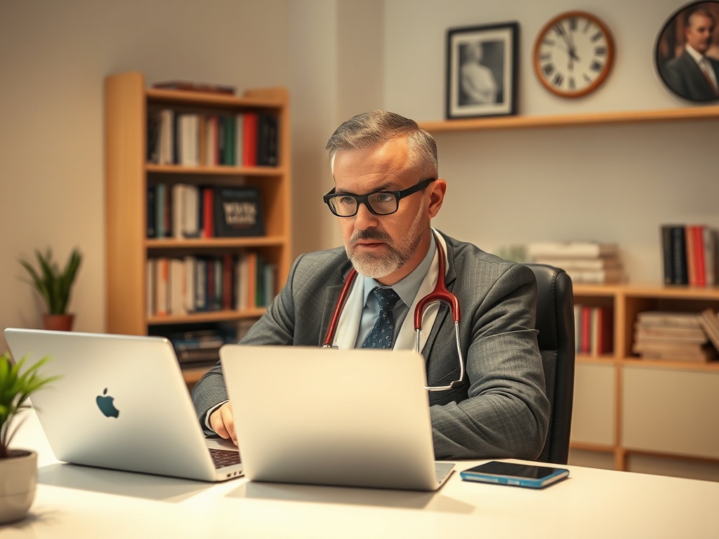 Врач с ремонтом у компьютера, окружённый книгами и медицинским оборудованием. Стетоскоп на шее.