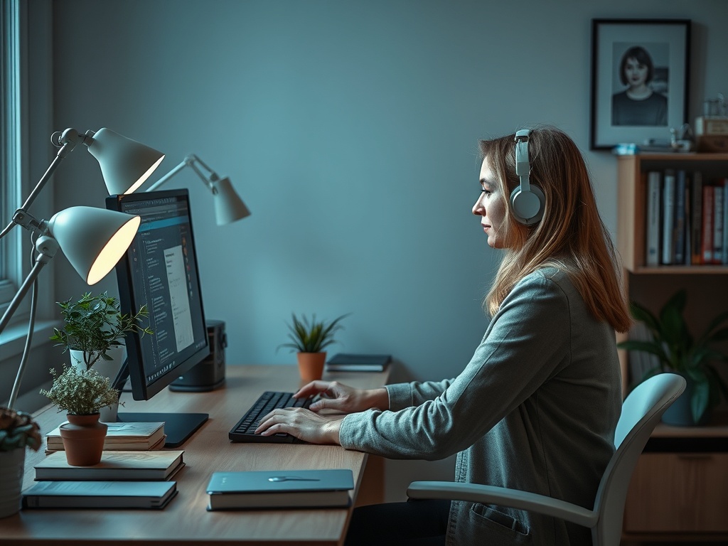 Женщина в наушниках работает за компьютером в уютном офисе с растениями и настольными лампами.