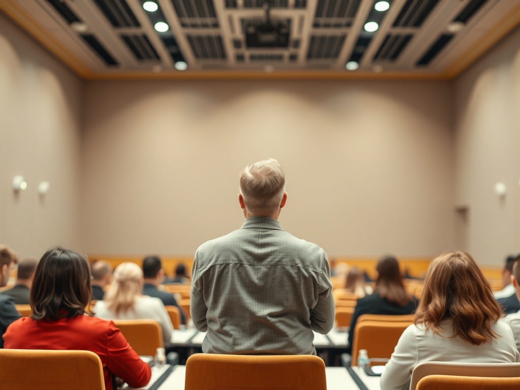 Группа людей в зале для конференций, слушающие докладчика. Вид сзади на аудиторию.