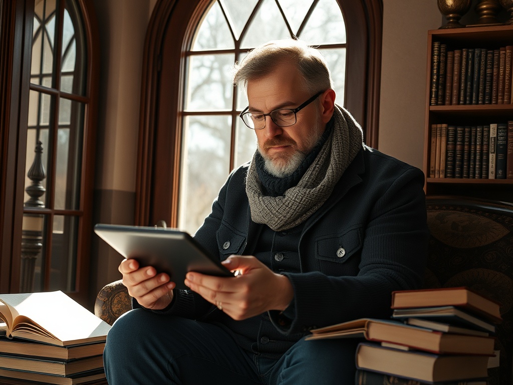 Мужчина в свитере и шарфе читает на планшете, сидя в уютной комнате с книгами.