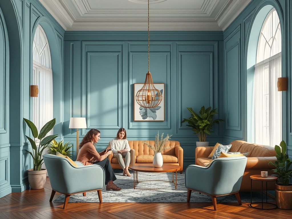 В уютной гостиной две женщины общаются. Просторное помещение с яркими стенами и современным интерьером.